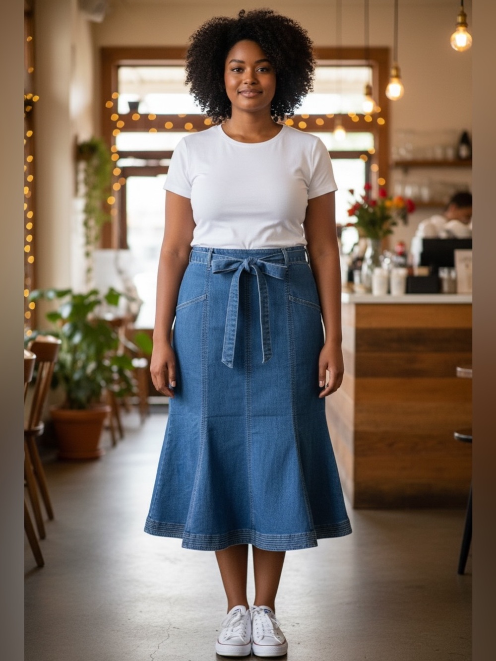 Eva Mendes NY & Co Denim Midi Skirt with Tie Belt - Blue Mermaid Western Boho L